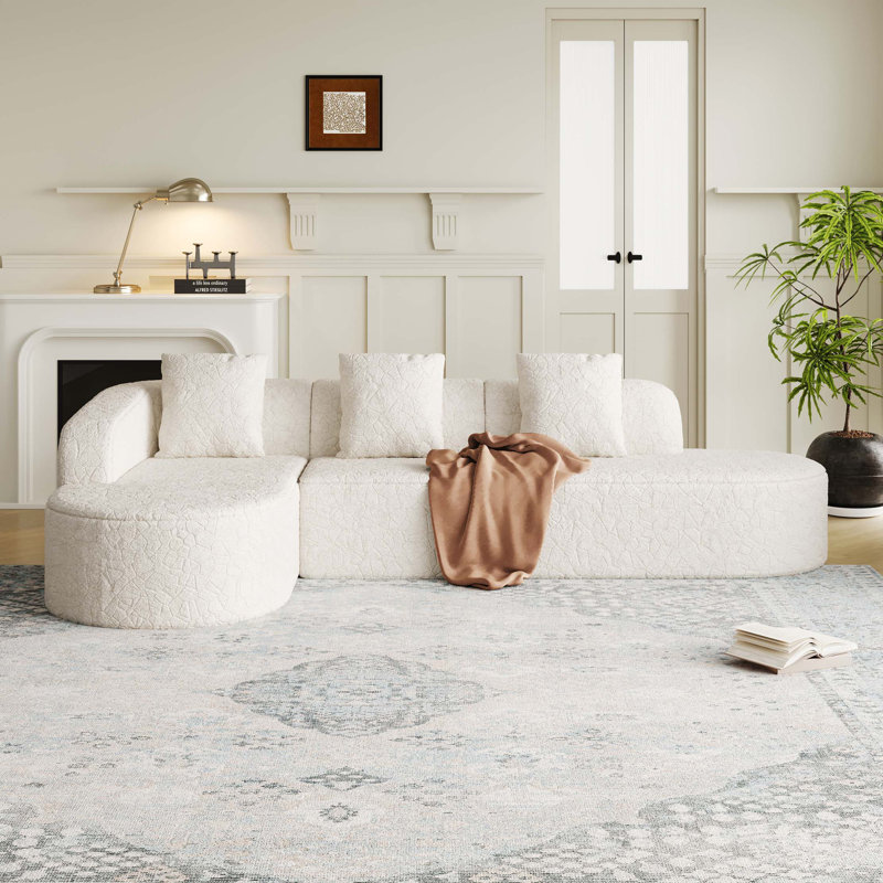 Canapé modulaire incurvé en forme de L de 111,8 pouces, design moderne avec tissu en polyester à poils longs texturé litchi, dossier incurvé avec 3 coussins