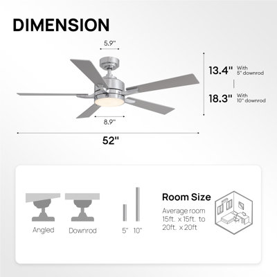 52" Dimmable Led Ceiling Fan with Reversible DC Motor and Remote Control