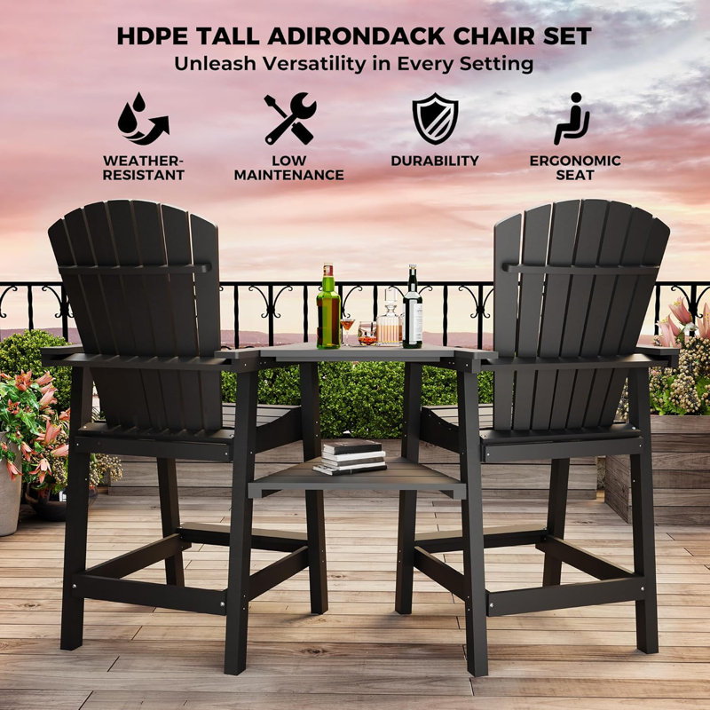 Outdoor Recycled Poly Adirondack Barstools With Connecting Tray, Patio High Adirondack Chairs for Deck, Backyard, Balcony, Outdoor Bar Height AdirondackChairs Set of 2