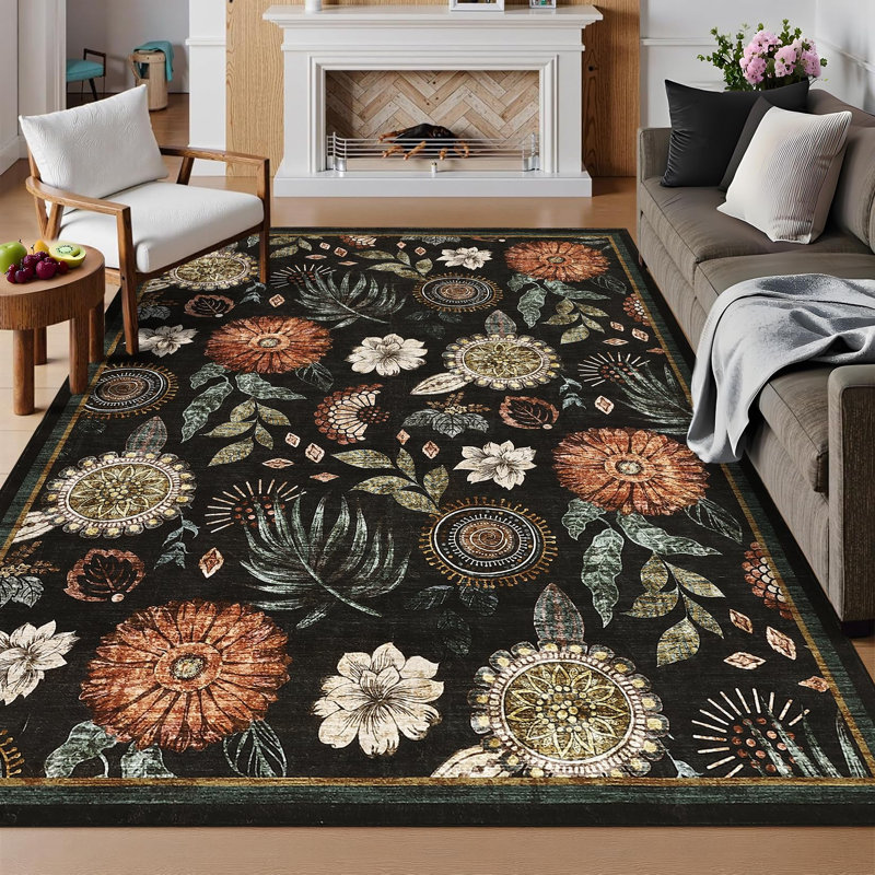 Farmhouse Floral Rug 5x7 Washable Rug for Living Room, Non Slip Non Shedding Carpets, Soft Thin Non Shedding Floor Covering, Low Pile Foldable Printed Mats for Bedroom Nursery, Black