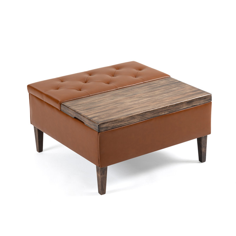 Repose-pieds carré en bois massif avec rangement 31,5 po Marcelles, Similicuir jaune