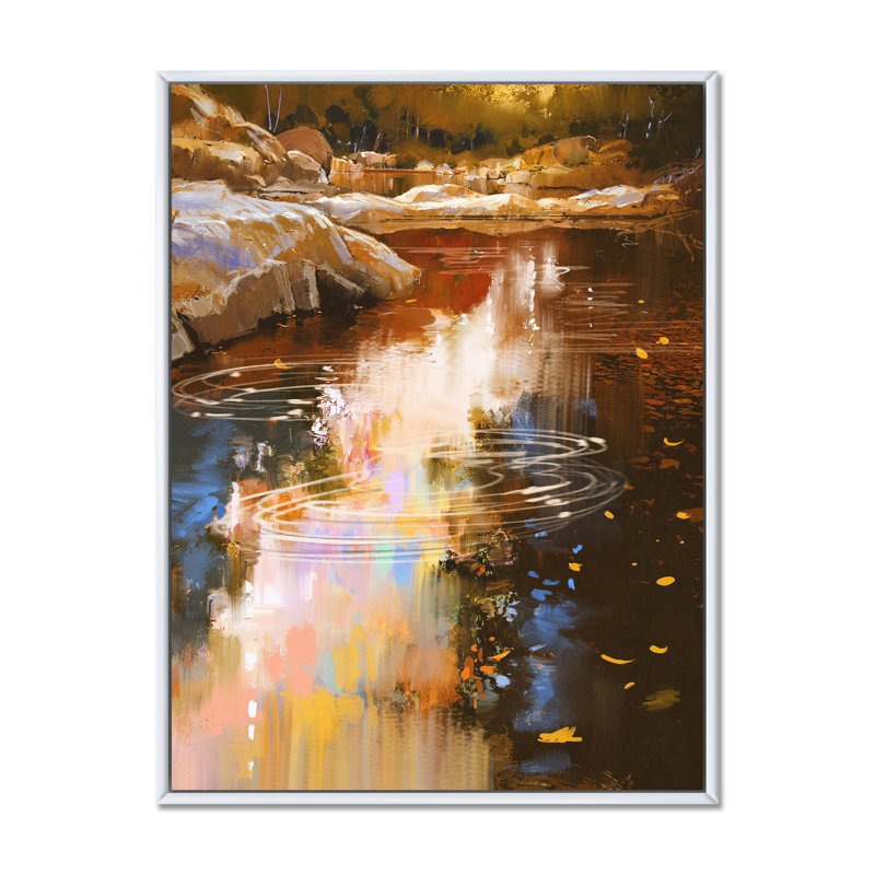 River River Lines with Stones in Autumn Forest - Peinture sur toile, Cadre flottant blanc, H 20 po x l 12 po