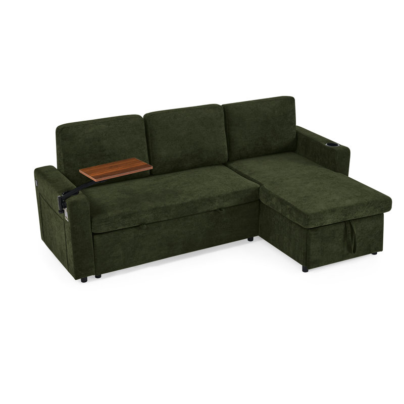 Lit escamotable à 3 places en chenille avec table rétractable, lumières à DEL, charge et éclairage d'appoint moderne au design confortable, porte-gobelets pour les loisirs