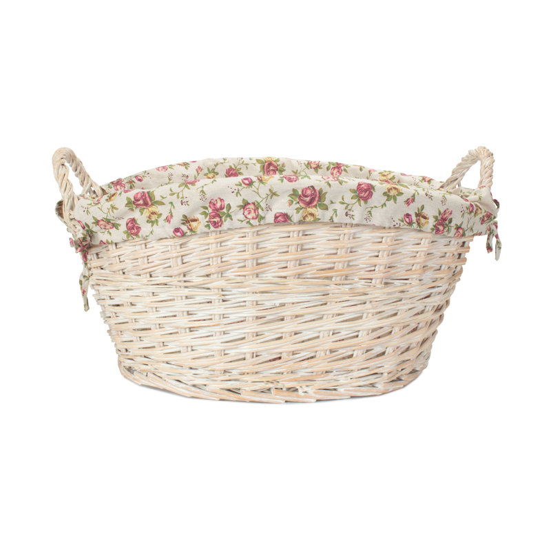 Wicker Laundry Washing Basket with Lining, White Wash/Garden Rose Lining