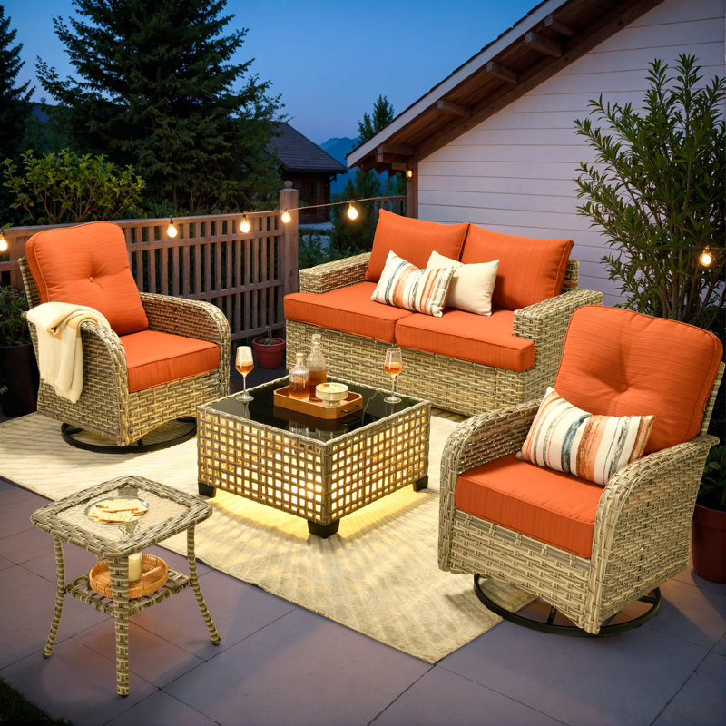 Wahkon Wicker/Rattan 4 - Person Seating Group With Swivel Chairs and Cushions, Orange
