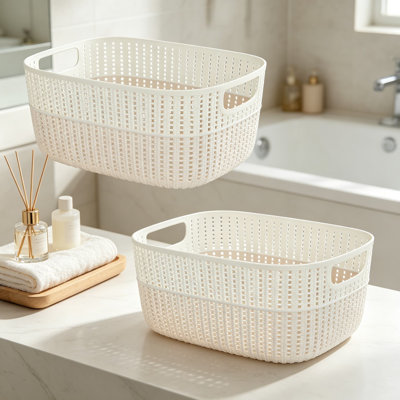 Paquet de 2 paniers de rangement en plastique à 2 nœuds pour rangement de placard, salle de bain et salon, bacs décoratifs en polypropylène durable avec poignées intégrées, grand ivoire