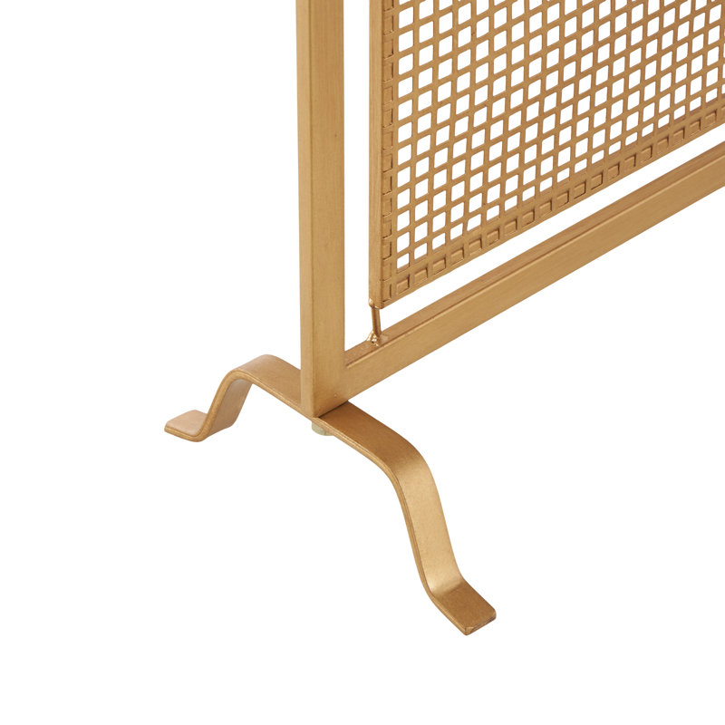 Metal Suspended Grid Single Panel Geometric Fireplace Screen with Bolted Detailing, Gold