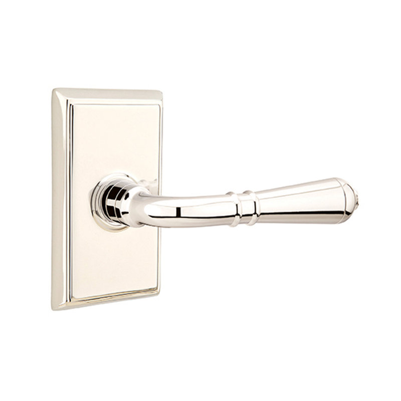 Turino Round Door Lever with Rectangle Rosette, Bright Nickel, Left