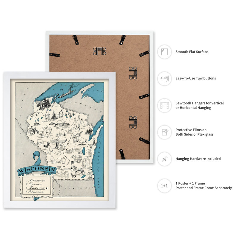 Carte illustrée du Wisconsin, Affiche, H 18 po x l 24 po, Encadrement blanc