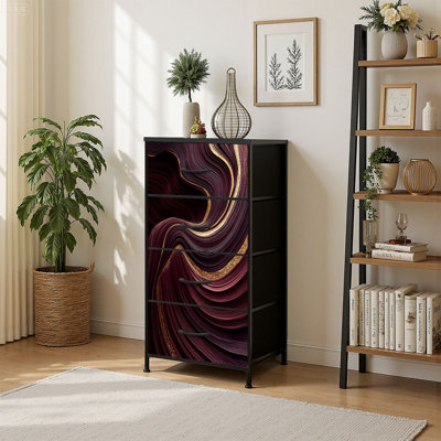 4 Drawer Vertical Storage Dresser Black Maroon Gold Marble with Wood Top Fabric Pull Drawers