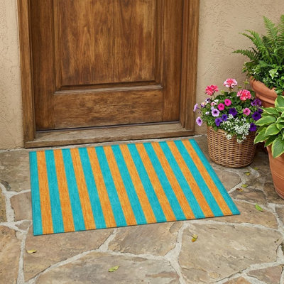 2' X 3' Aqua Striped Washable Non Skid Indoor Outdoor Area Rug
