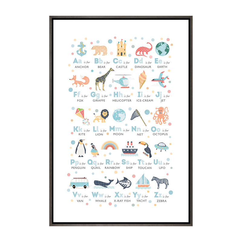 Garçons illustrés - Alphabet - impression, H 60 po x l 40po x P 1,5 po, Toile avec cadre gris, Aucun mat