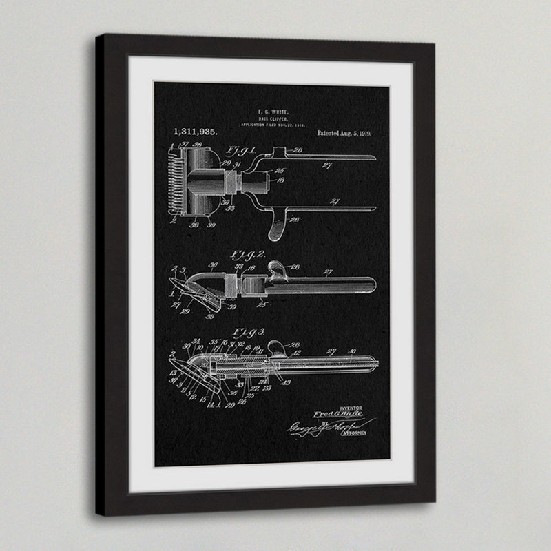 « cheveu clipper 1919 black paper » par steve king, reproduction d’art encadrée, H 24 po x l 16 po x P 1,5 po