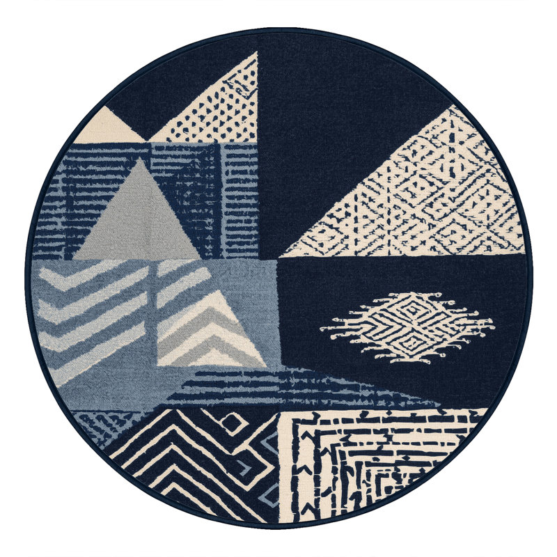 Tapis gris moelleux à motif de blocs d'inspiration mondiale, Rond 5 pi
