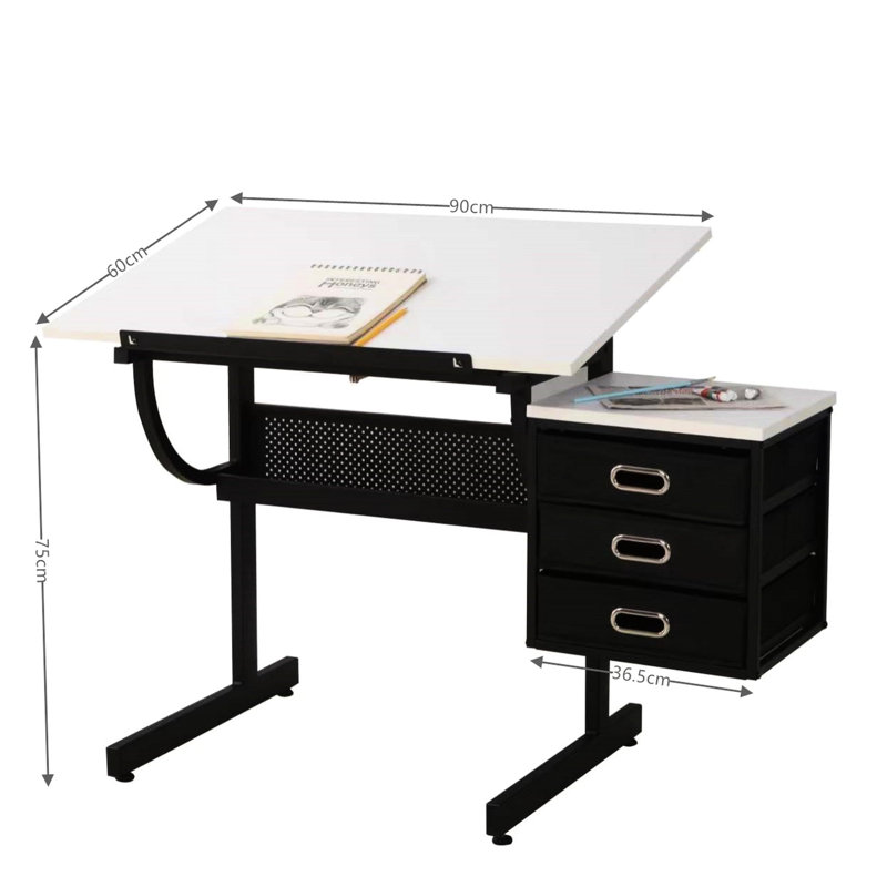 Bureau réglable avec 3 tiroirs et tabouret en blanc