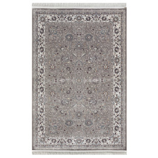 Minyatur Dark Gray & White Medallion Area Rug – Low-Pile 100% Viscose Woven Carpet, Traditional Design