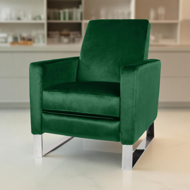 Reki Recliner Chair, Manual Push Back, Stainless Steel, Green Velvet, Emerald Green Velvet