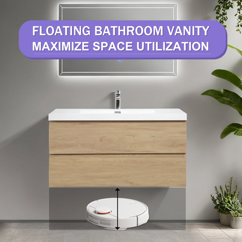 42 po Meuble-lavabo mural flottant en chêne naturel avec comptoir simple à surface solide blanc, Chêne naturel, 42", 1