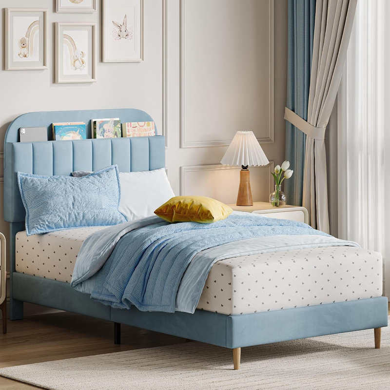 Twin XL Size Light Blue Velvet Upholstered Platform Bed Frame For Boys With Storage Headboard Strong Wooden Slats Noise Free Easy Assembly No Box Spring Needed