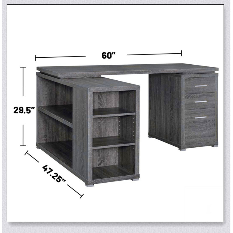 Bureau en L avec tiroirs et tablettes, gris vieilli