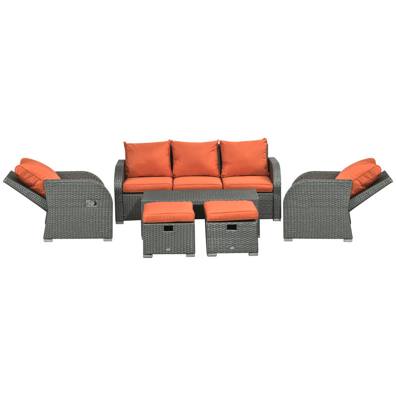 Annease 7 Seater Rattan Garden Furniture Set 2 Reclining Chairs, Orange