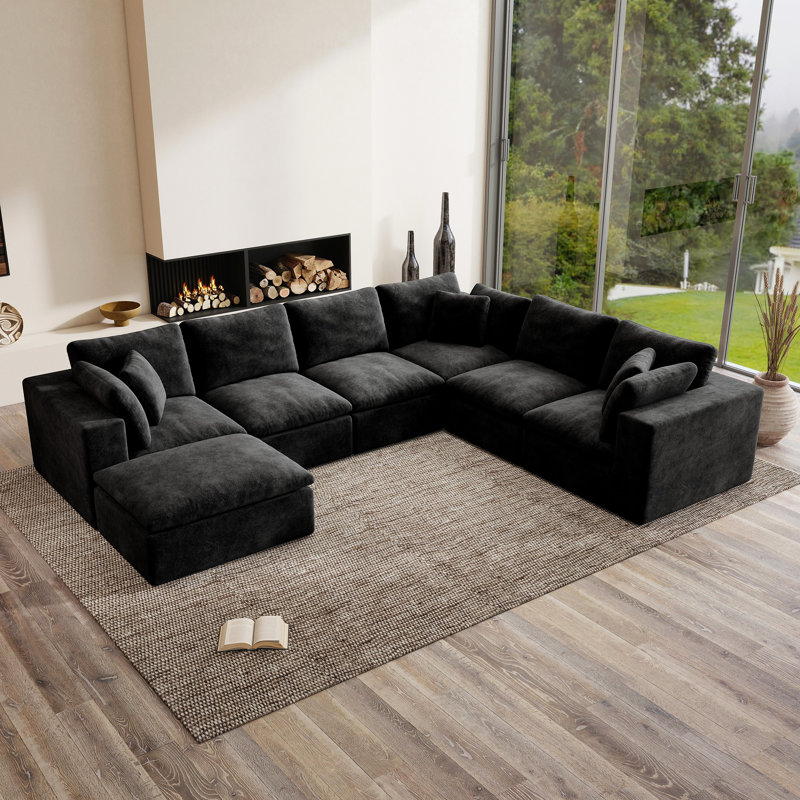 Kreyton 137" Cloud Compression Sectional Sofa, No-Assembly Sectional Couch In Black Chenille, Black Chenille