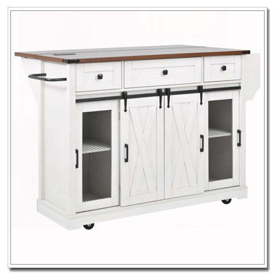 Îlot de cuisine 58 po avec rangement, porte de grange coulissante et porte latérale en métal 58 po, îlot de cuisine sur roulettes avec support à épices