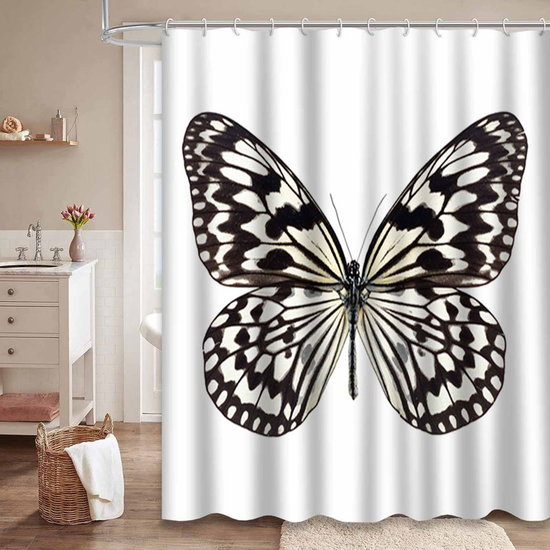 Magnifique rideau de douche papillon noir, blanc et vert avec 12 crochets, L 72 po x l 72 po