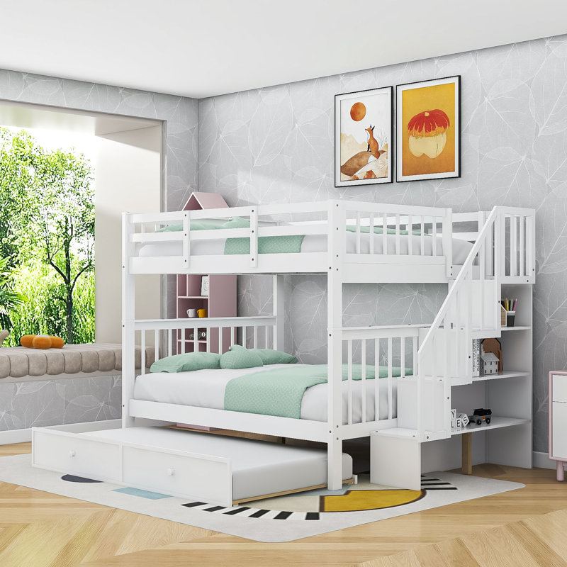 Lit superposé standard en bois avec escalier et lit gigogne, Full over Full, Blanc