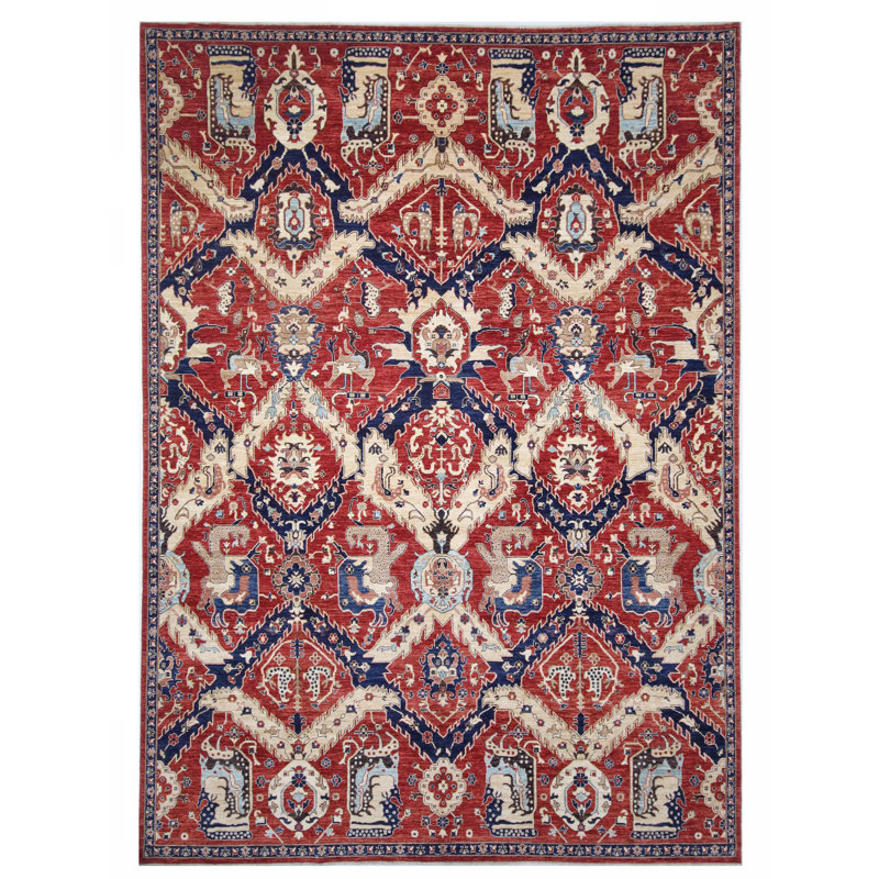Tapis rouge et bleu marine noué à la main de haute qualité