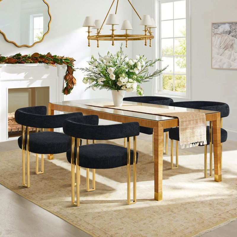 Ensemble de 4 fauteuils de salle à manger rembourrés en or 18,3 po Chenille, Noir