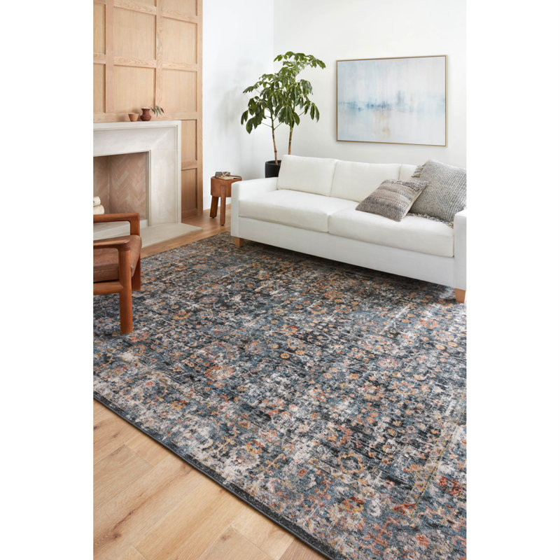 Tapis à motif floral bleu marine / orange Fiorillo, Rectangle 2 pi 6 po x 4 pi