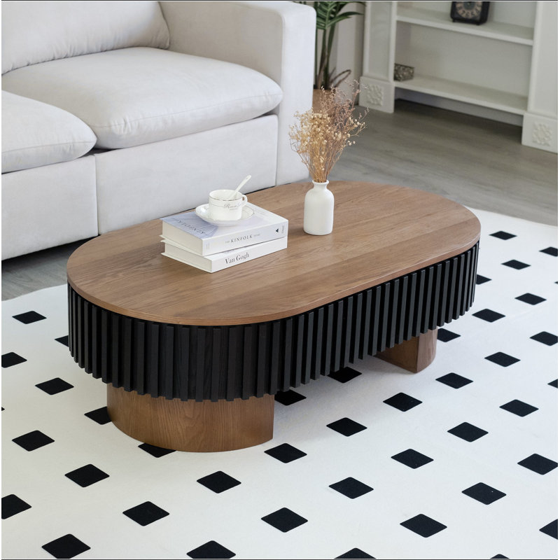 Table basse ovale 43,7 po avec rangement caché, table basse cannelée en bois minimaliste moderne pour le salon, table centrale ovale
