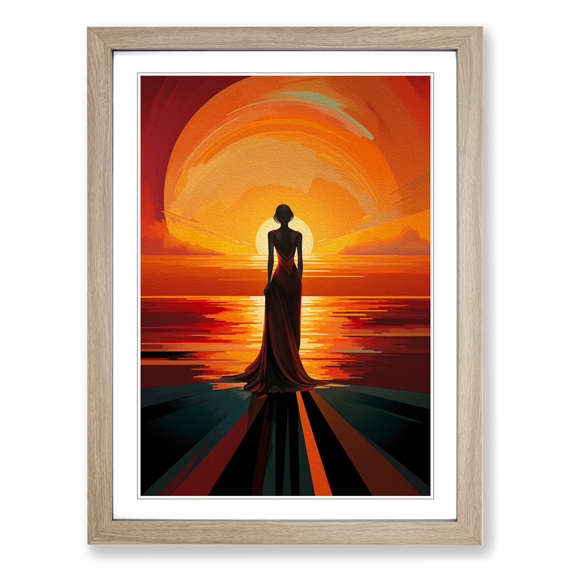 Sunset Art Deco No.3 - Single Picture Frame Print on Wood, Oak, 46cm H x 34cm W x 2cm D
