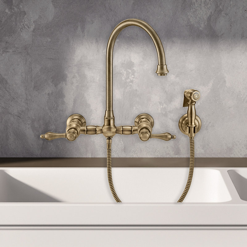 Whitehaus Collection Wall Mount Faucet with Gooseneck Swivel Spout and Solid Brass Side Spray, Lever Handles, Antique Brass
