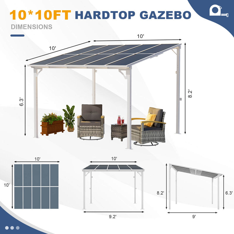 10' x 10' White Aluminum and Polycarbonate Solar Gazebo