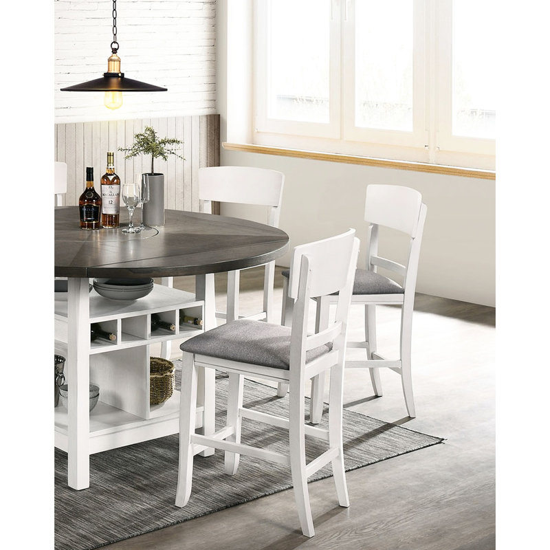 De 2 chaises de salle à manger modernes à hauteur de comptoir - siège en bois massif blanc et tissu rembourré gris