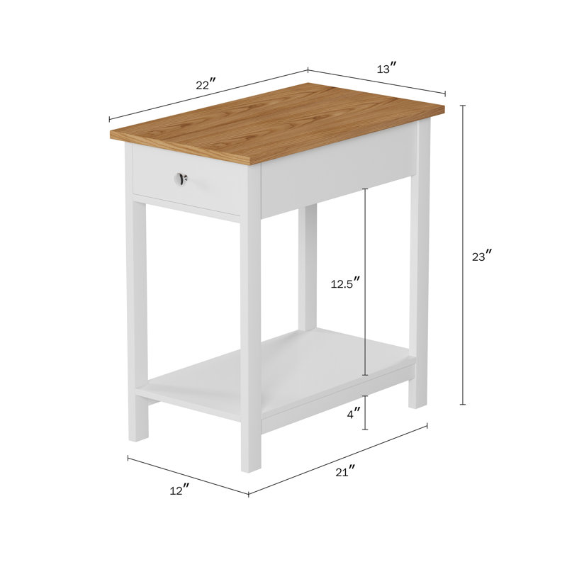Honey Oak & White Slim Profile Side Table with Drawer & Shelf