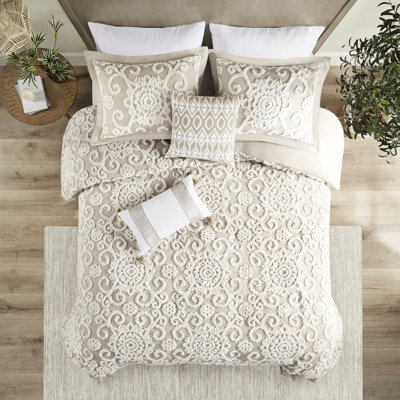 Couette King de couleur taupe, 100 % coton avec broderie chenille fascinante et rembourrage taupe.