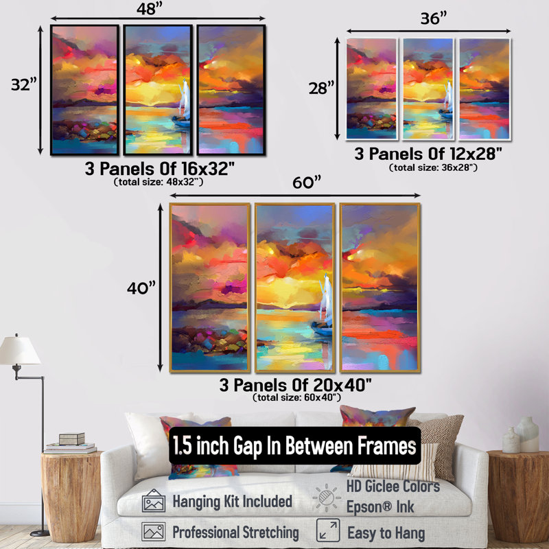 Peinture au coucher du soleil avec des reflets colorés II - ensemble de 3 reproductions sur toile, H 32 po x l 48 po