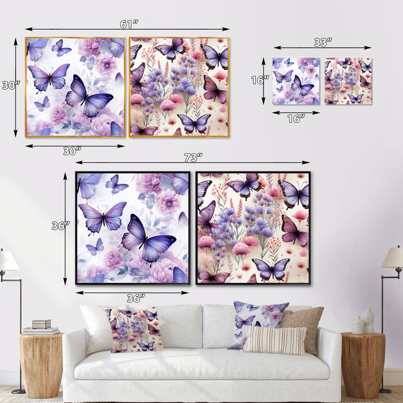 Fluttering Purple Butterflies Pattern - Animals Butterfly Square Collage Set Of 2, Black Floater Framed, 16" H x 33" W