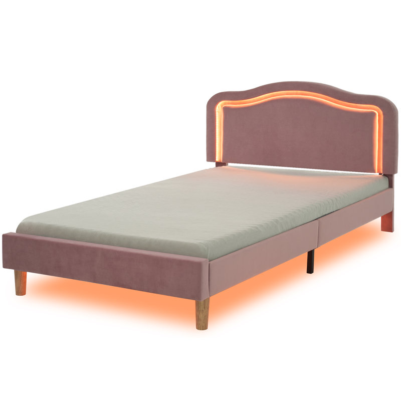 Structure de lit rembourrée en velours à DEL avec tête de lit à hauteur réglable, aucun sommier nécessaire, assemblage facile