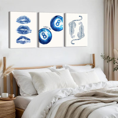 Trendy Navy Leopard Wall Art Set Of 3 Retro Lucky Me 8 Ball Canvas Wall Decor Kiss Lips Print Painting Minimalist Preppy Aesthetic Cheetah Pictures For College Dorm Bedroom 16X24in Framed
