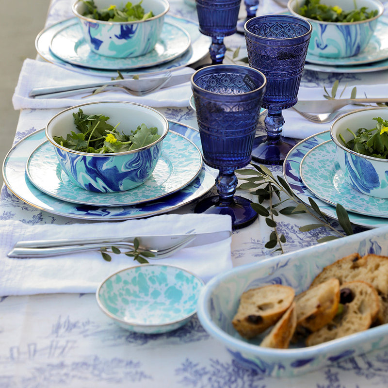 Blue and White Ceramic Oval Platter with Metal Accents