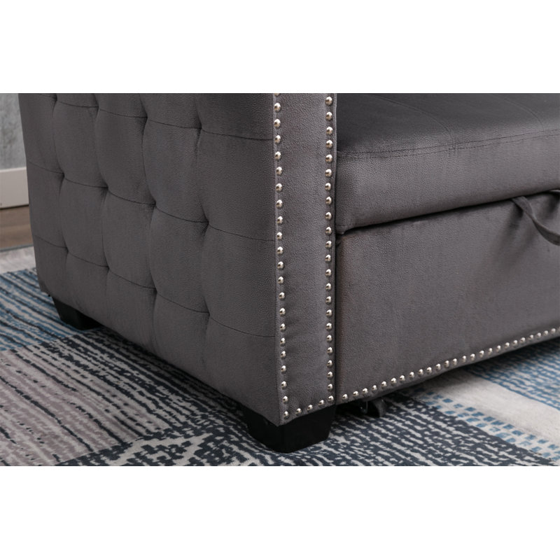 77 Inch Reversible Sectional Storage Sleeper Sofa Bed, Dark Gray Velvet
