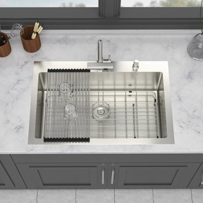 30" Drop-In Kitchen Sink With Pull-Out Faucet And Soap Dispenser - 30 X 22 X 10 Inch Single Bowl 16 Gauge Stainless Steel Topmount Kitchen Sink Basin