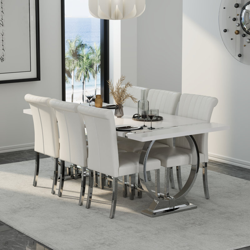Ensemble de table de salle à manger 7 pièces blanc et argent avec 7 chaises en cuir blanc, 7 pièces: table, 6 chaises, Blanc