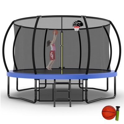 14 FT Pumpkin Recreational Trampoline with Basketball Hoop, Ladder,Enclosure Net,Storage Bag