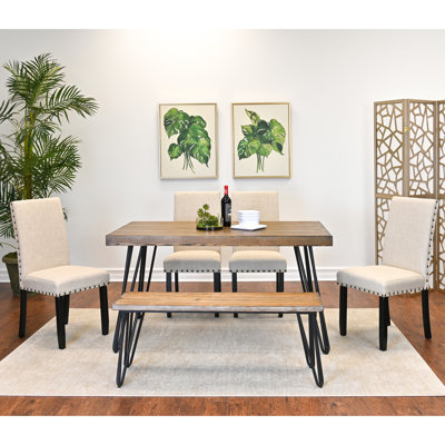 Elegant 6 Dining : Hairpin Table, 4 Chairs, Wood Bench, Dark Brown Pine Style, For Room With Modern Chairs & Texture, Enhances