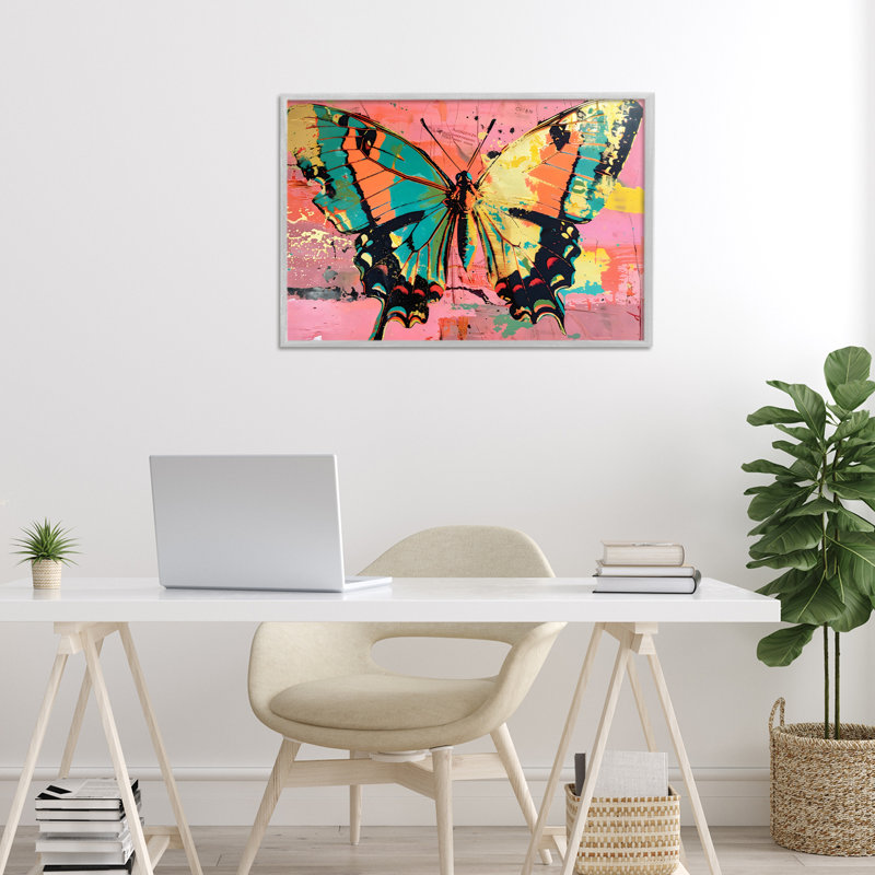 Giclée encadrée de papillons rétro sur fond rose abstrait, design par LSR Design Studio, H 16 po x l 24 po